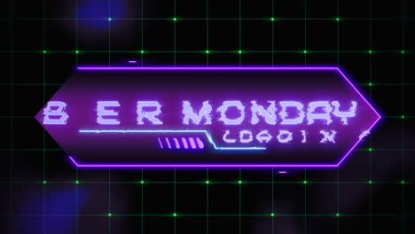 Cyber-Monday-Auf-Dem-Computerbildschirm-Mit-HUD-Elementen-Und-Raster