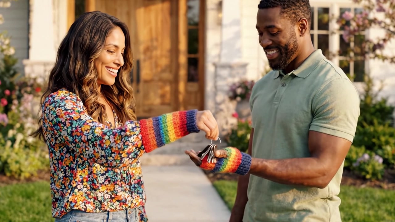 Un échange chaleureux : un couple partageant des moments joyeux dans un magnifique jardin, capturant la connexion et le bonheur devant leur maison