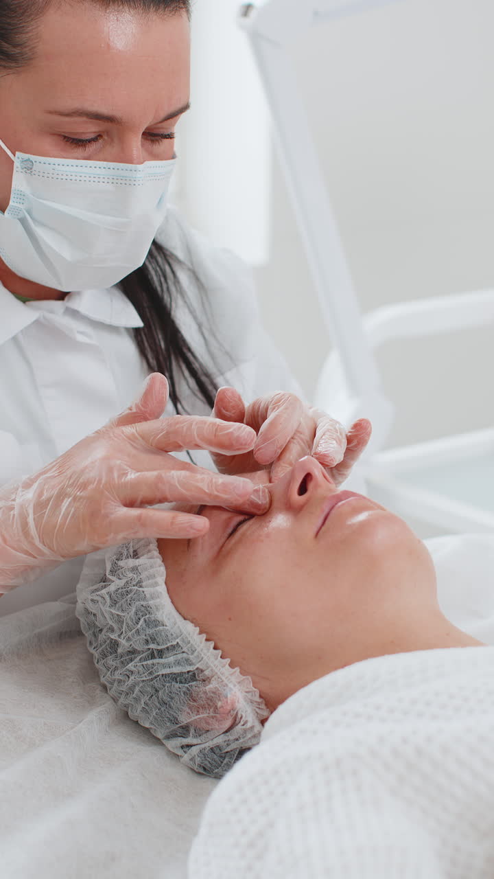 Terapista di cosmetologia che esegue un massaggio viso rilassante in una spa per una donna, con le mani, presso un salone detox e di benessere