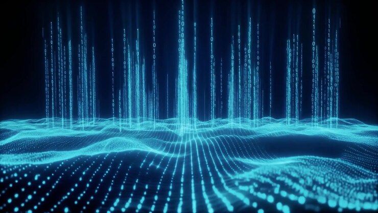 Flusso di dati digitali con codice binario luminoso e superficie a onde astratte