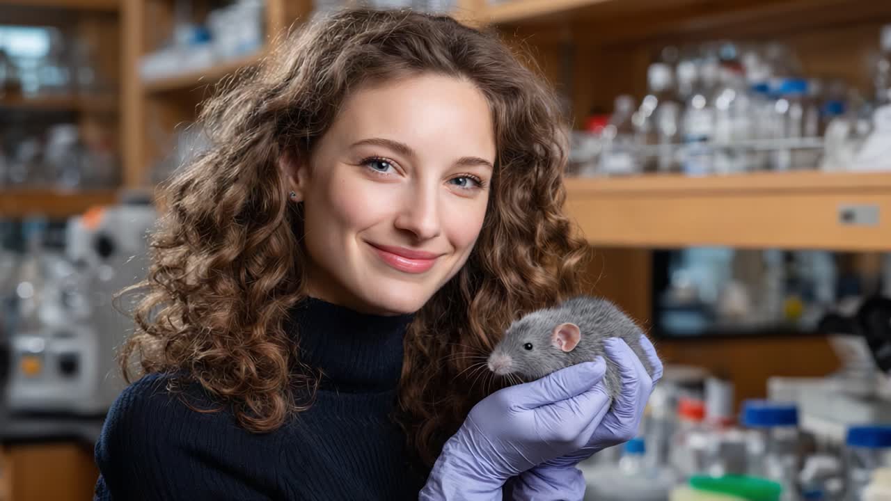 Un ricercatore in un laboratorio sorride orgoglioso mentre tiene in mano un ratto grigio, mostrando l'importanza della sperimentazione animale negli studi scientifici e nelle scoperte