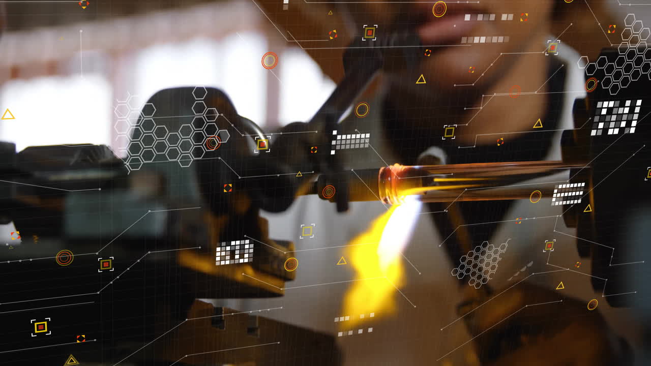 Glassblowing with digital data animation overlay, integrating technology in workshop