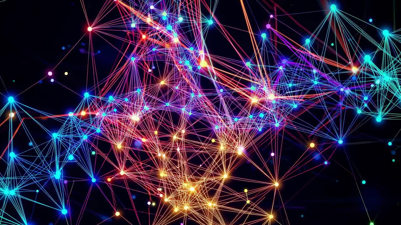 red de plexo colorido expandiéndose dinámicamente a través de fondo negro, generando hipnotizante danza cuántica como la luz a través de intrincadas conexiones digitales y patrones de energía vibrantes