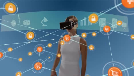 Animation-of-network-of-connections-with-icons-over-businesswoman-wearing-vr-headset