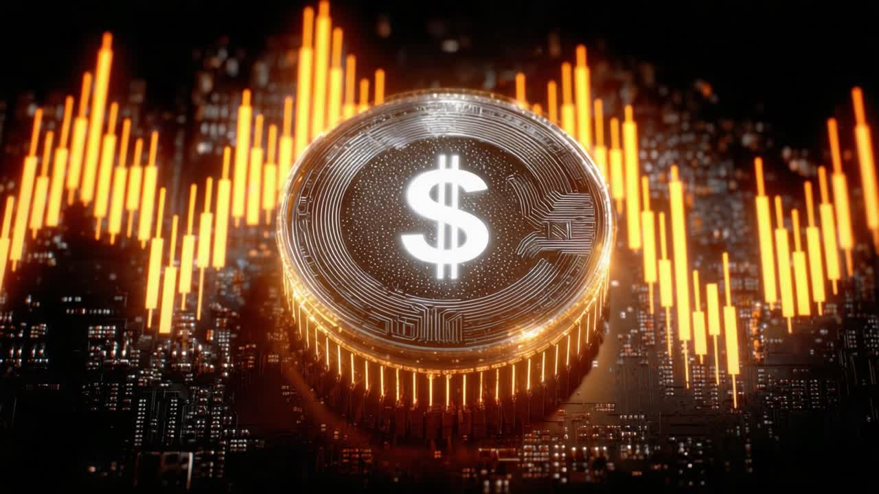 A Captivating Close-Up of a Digital Currency Coin Surrounded by Fluctuating Market Indicators, Symbolizing Economic Trends and Financial Technologies