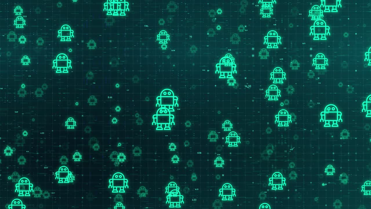 緑のデジタルグリッド背景上で並行して動作するアクティブなAIチャットボットエージェントのループアニメーション。自律型自動化とマルチボットのコンセプト。
