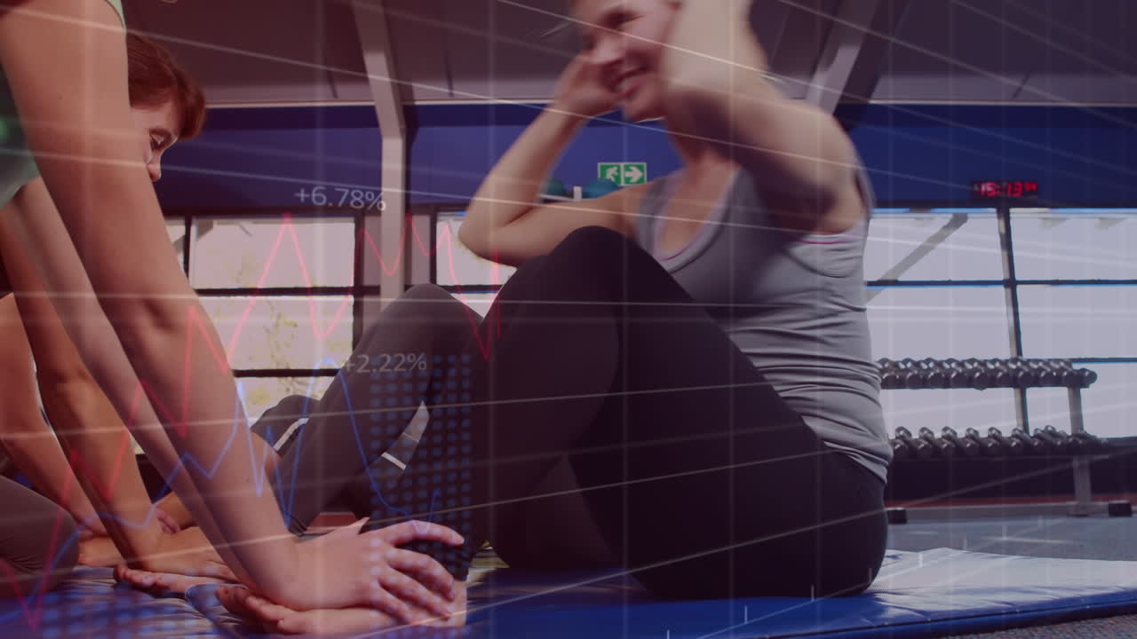 анимация статистики и обработки данных над подходящими разнообразными людьми, делающими трюки