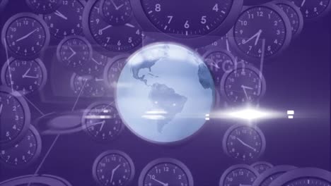 Animation-of-clocks-and-globe-over-blue-background