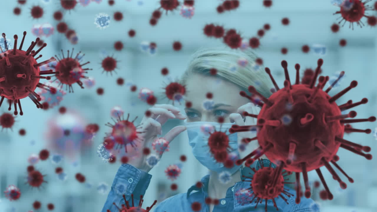 animación de células de coronavirus sobre una mujer que usa una máscara facial