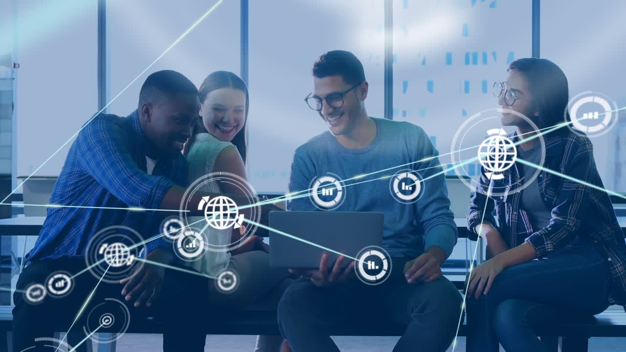 Animation of network of connections with icons over diverse business people using laptop