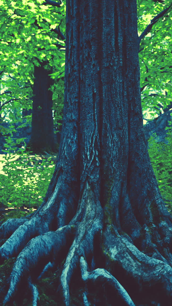 Close up of a large tree trunk and roots in a forest