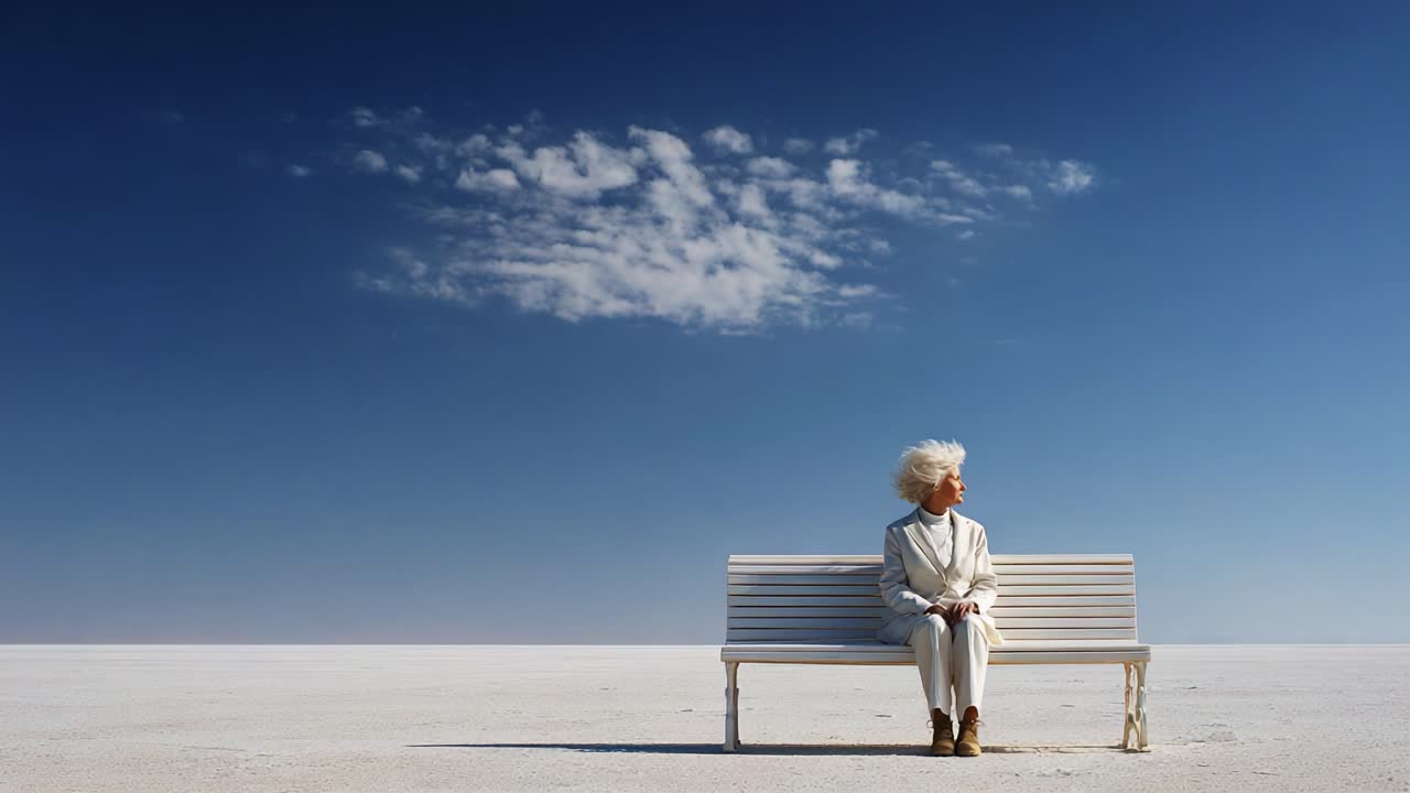 A solitary figure in a white suit sits contemplatively on a bench in a vast, barren landscape under a clear blue sky, evoking thoughts of isolation and introspection