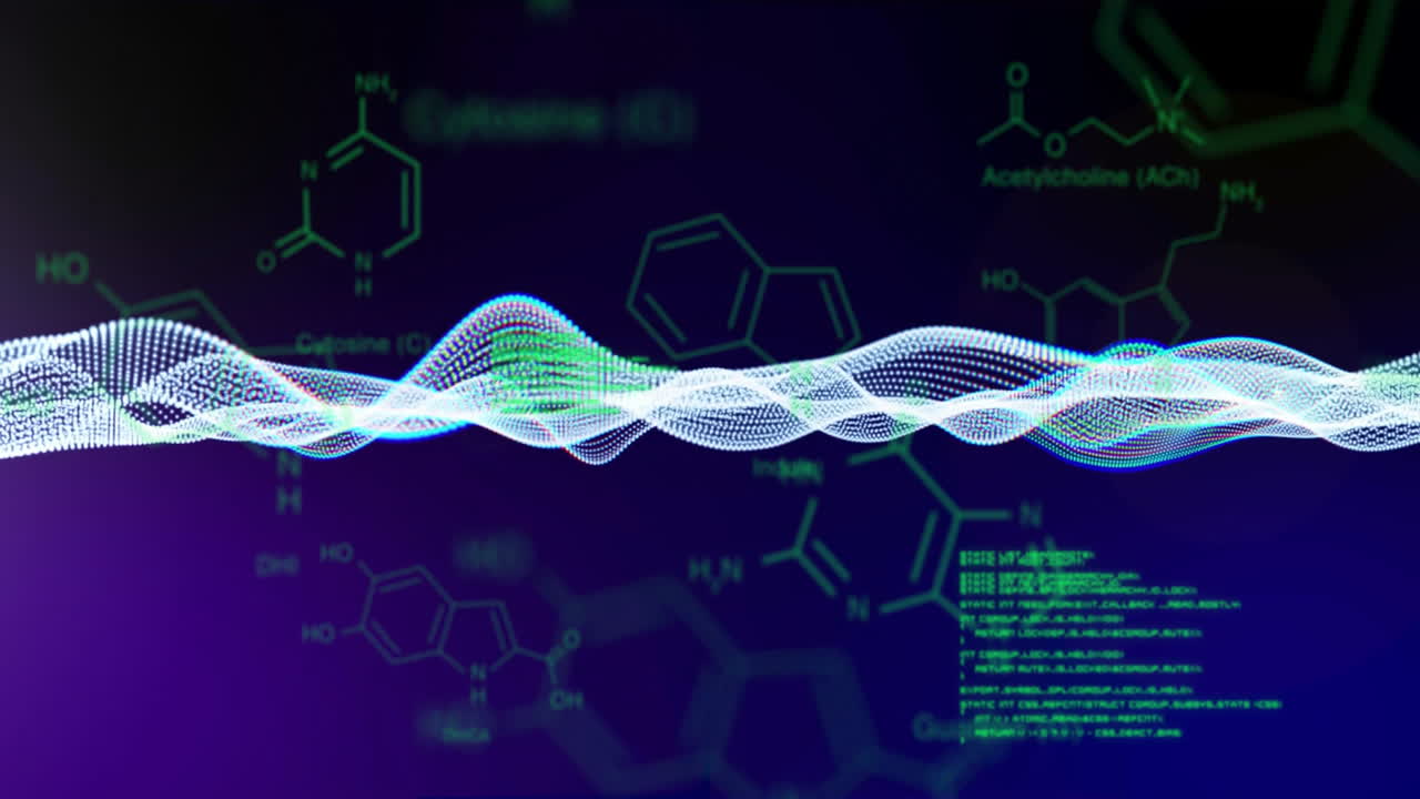 Animation of data processing over chemical formula and shapes