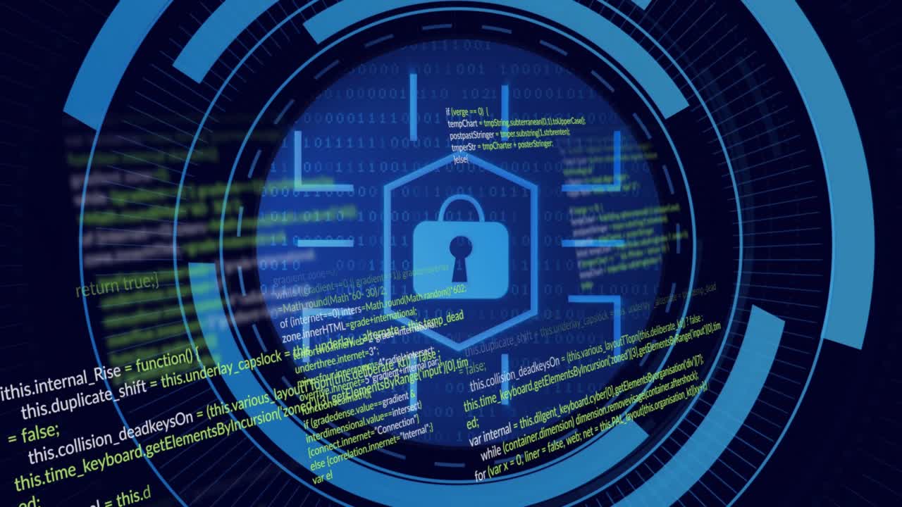 Dotted path sweeping, causing code forming and rings converging around hex padlock shielding data