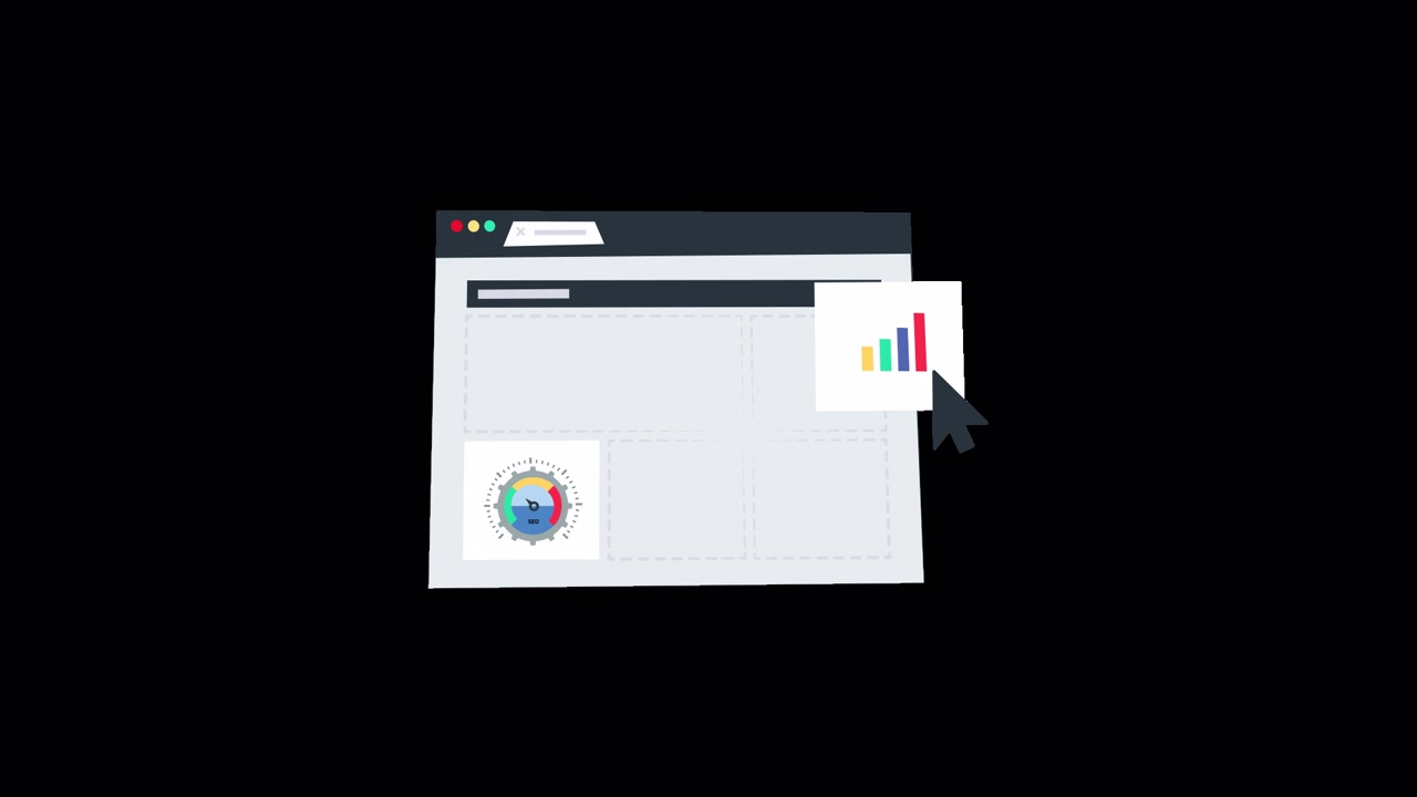 Animated Browser Window with Data Analysis and SEO Icons