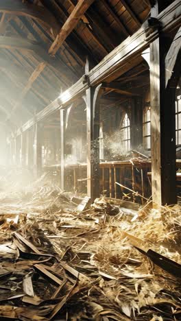 abandoned hall with sunlight streaming through dusty windows
