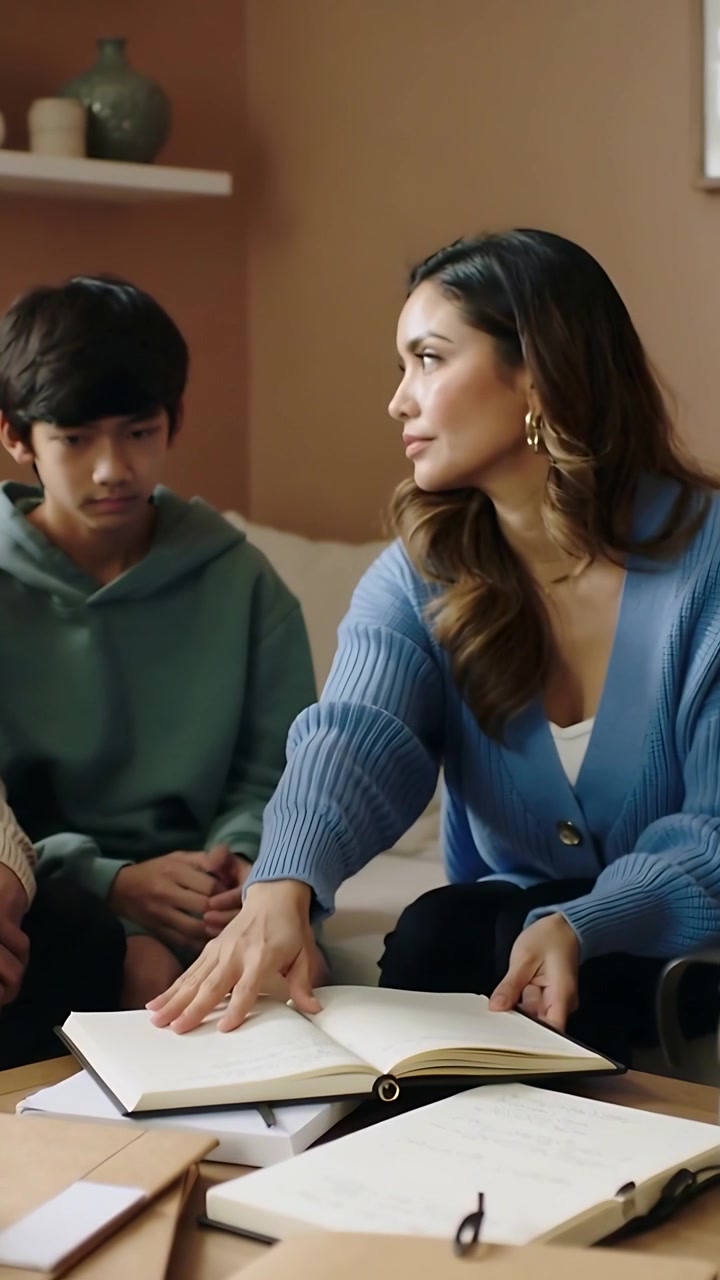 Video verticale: Notando un quaderno aperto, donna in cardigan che si protende e guida il figlio a casa.