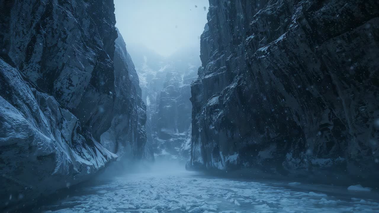 Panning frozen canyon, camera revealing steep rock faces as ground fog drifting over packed ice