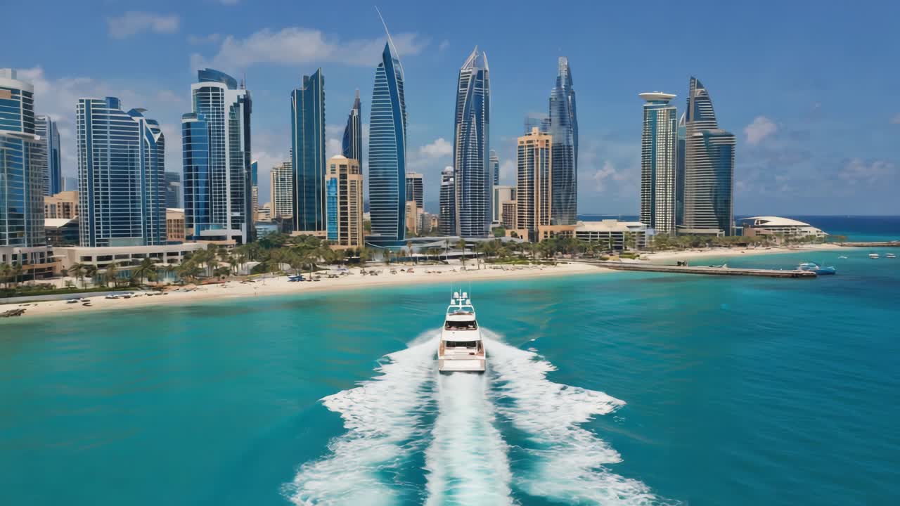 Du thuyền sang trọng đang di chuyển ở Dubai Marina