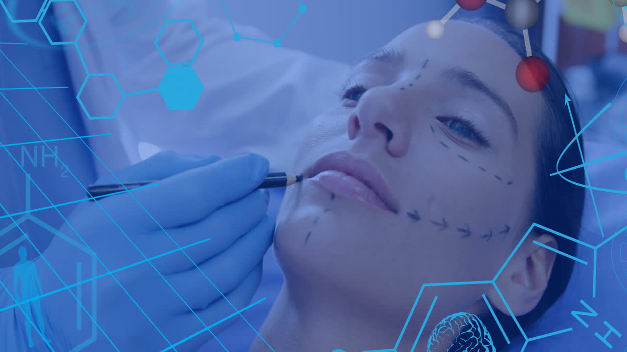Animation of chemical formula over surgeon preapring patient for surgery