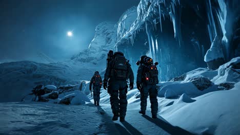 explorers traverse a frozen alien landscape under a twilight sky