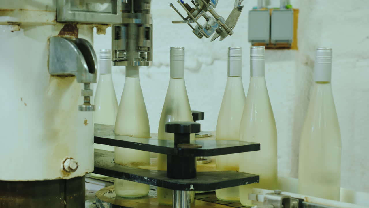 botellas de vino que se mueven a lo largo del transportador hasta el automóvil donde se lavan con agua