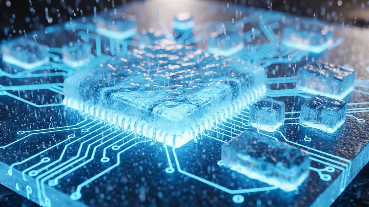 A Glowing Circuit Board with Ice-Like Elements: A Stunning Visualization of Technology Merging with Nature's Ice, Showcasing the Intricacies of Modern Computing