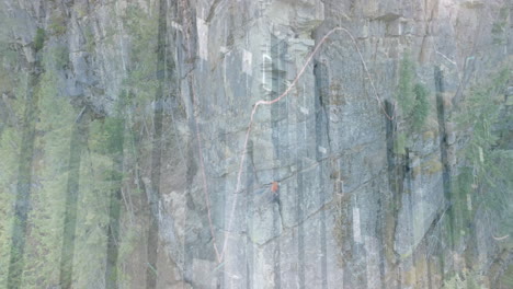 scaling steep cliff, rock climber surrounded by lush green forest in animation
