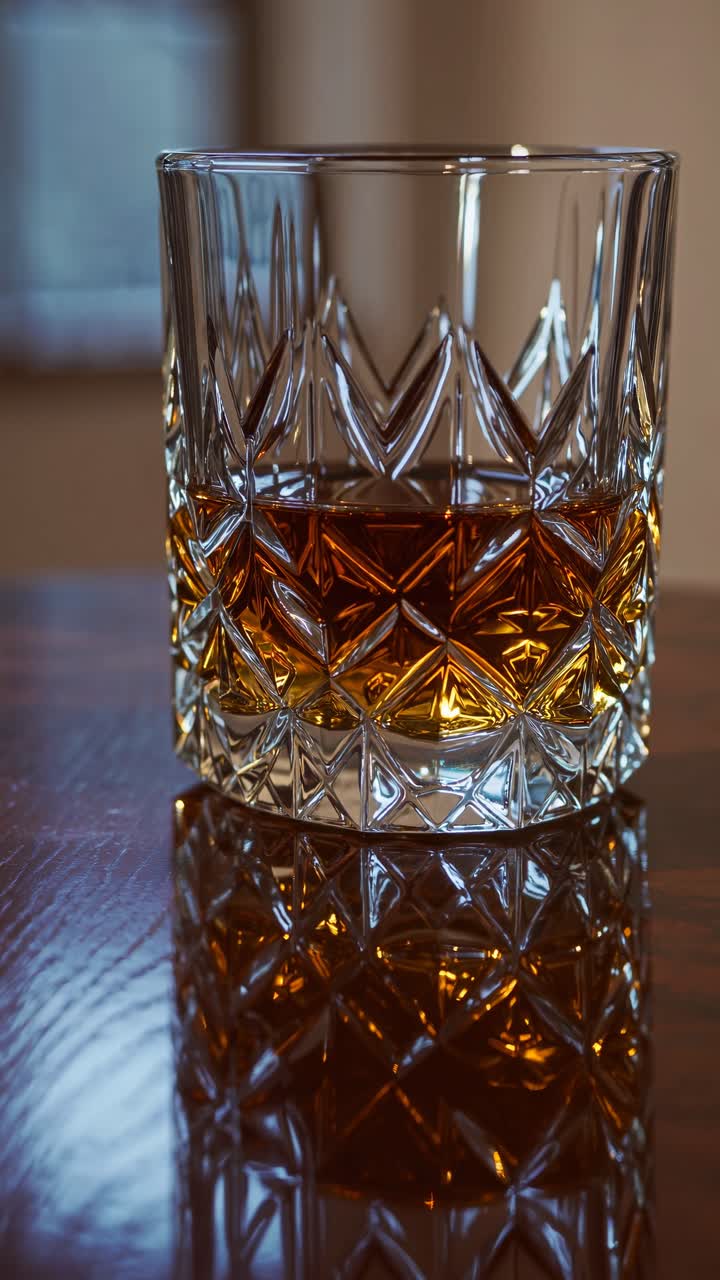 Primo piano di un bicchiere di cristallo con whisky su un tavolo di legno, che mostra riflessi eleganti.
