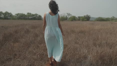 back shot of a woman in a blue dress walking in a meadow with a basket in her hand