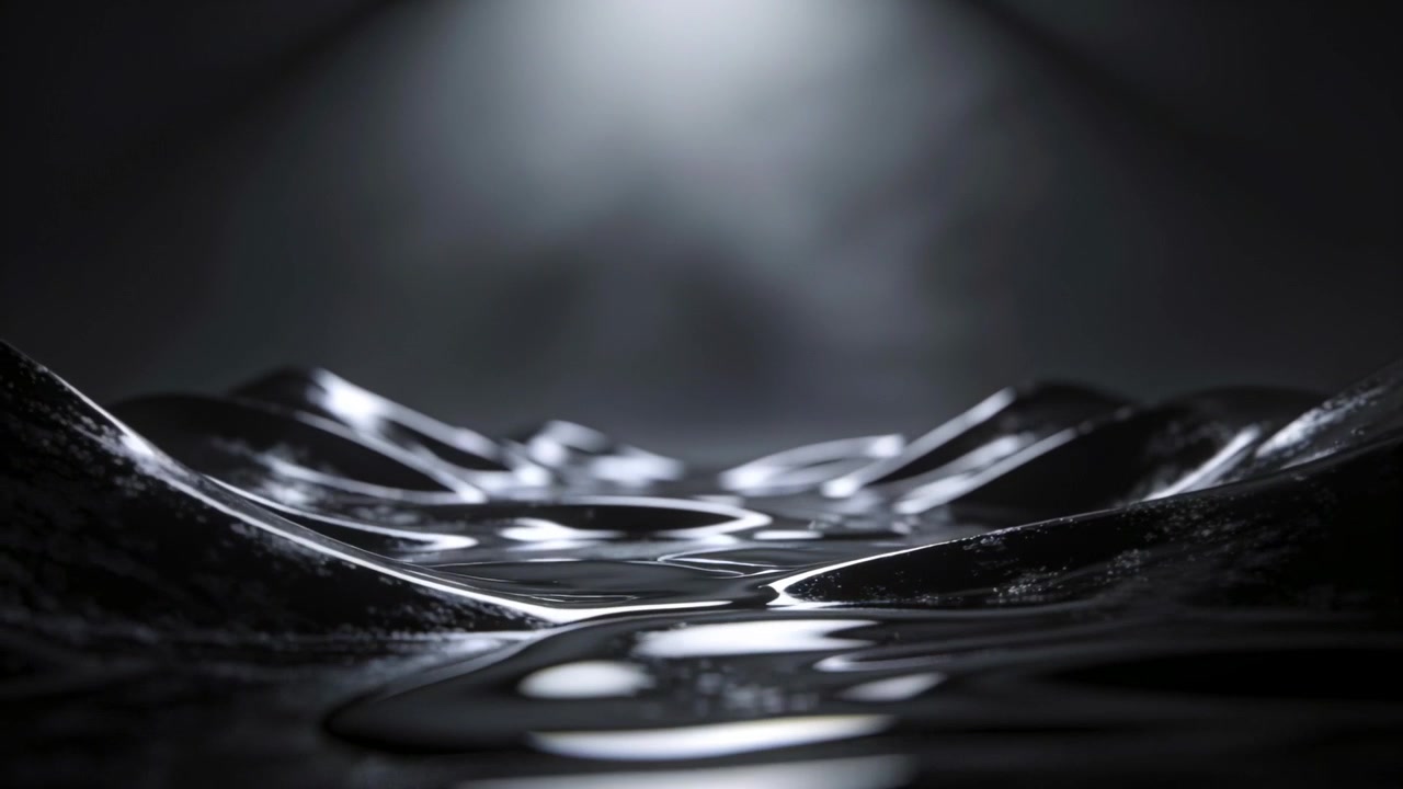 Moving camera forward, revealing glossy rippled surface under studio spotlight, shifting highlights