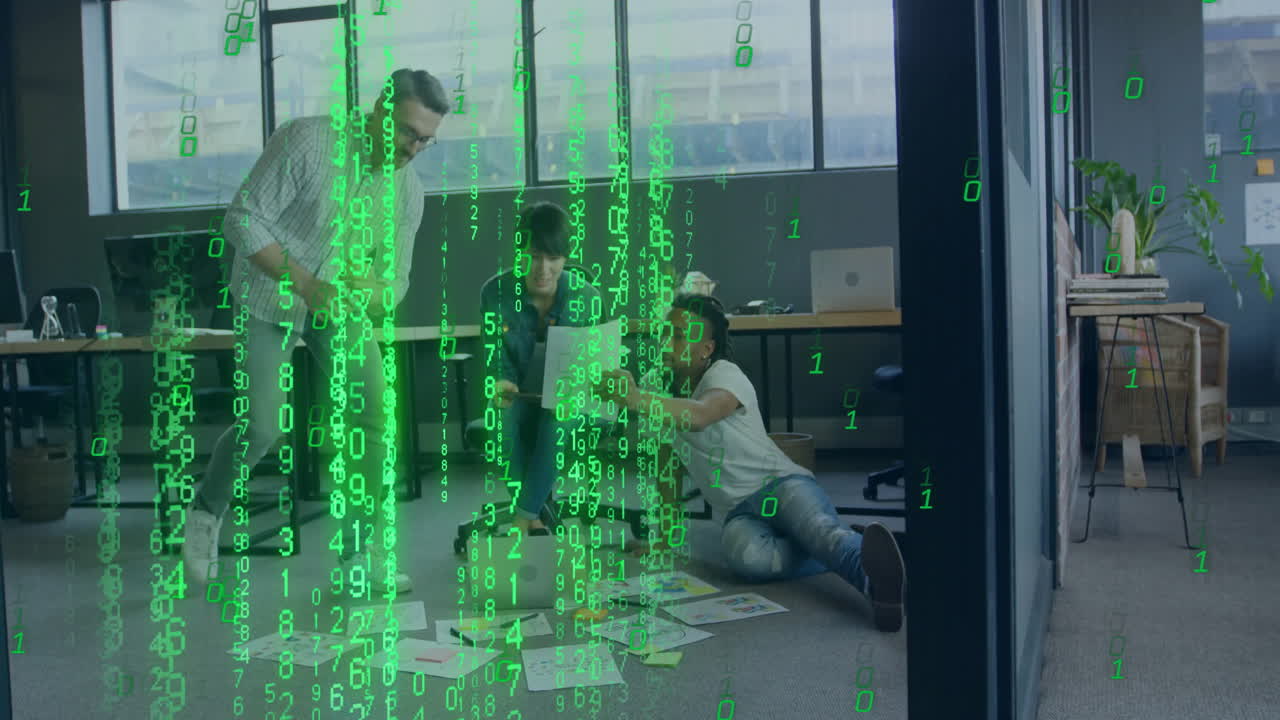 Animation of binary coding data processing over diverse business people in office