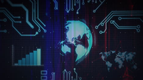 animation of digital globe with circuit patterns and data charts on dark background