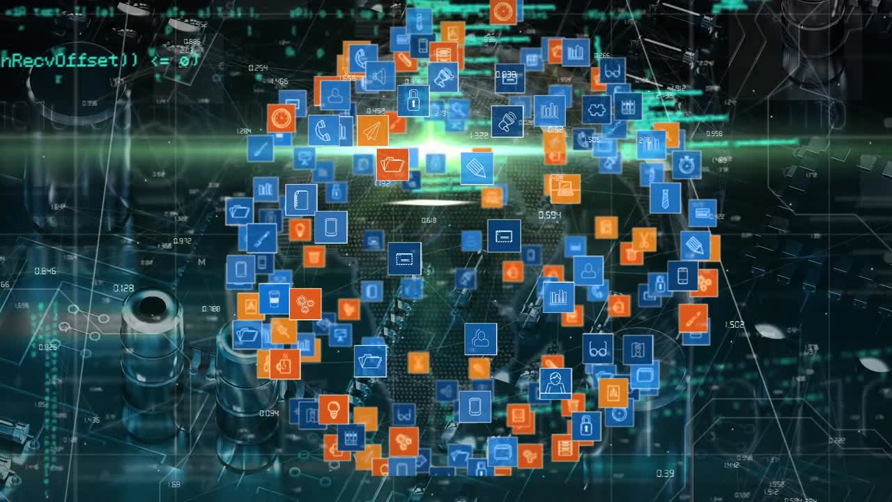 Animation of globe of network of connections with digital icons