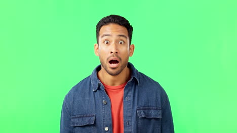 man, surprise and shock on face by green screen