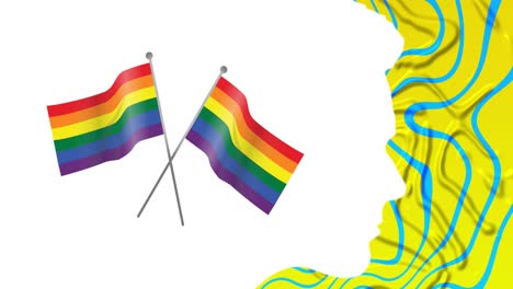 Animation-of-rainbow-flags-over-yellow-and-blue-background