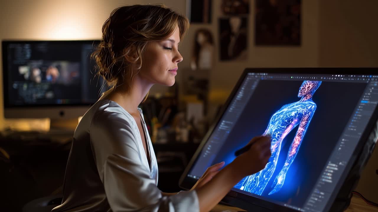 Woman draws glowing human figure on digital tablet. Focused, calm, creative energy radiates from her. Soft lighting highlights her concentration. Ideal for science, tech, or medical video projects