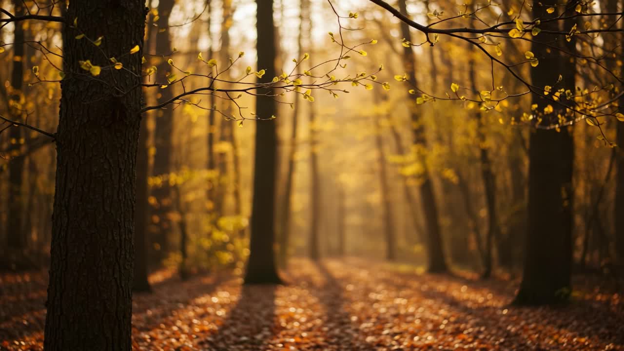 A Serene Autumn Forest Path Illuminated by Soft Light, Showcasing the Tranquility of Nature as Leaves Gently Fall and Create a Golden Carpet Along the Ground