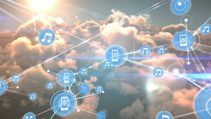 Animation of network of connections with icons over clouds