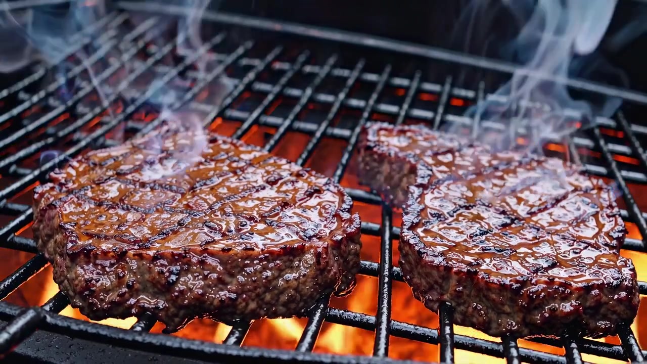 Due succulenti hamburger che sfrigolano su una griglia calda per barbecue