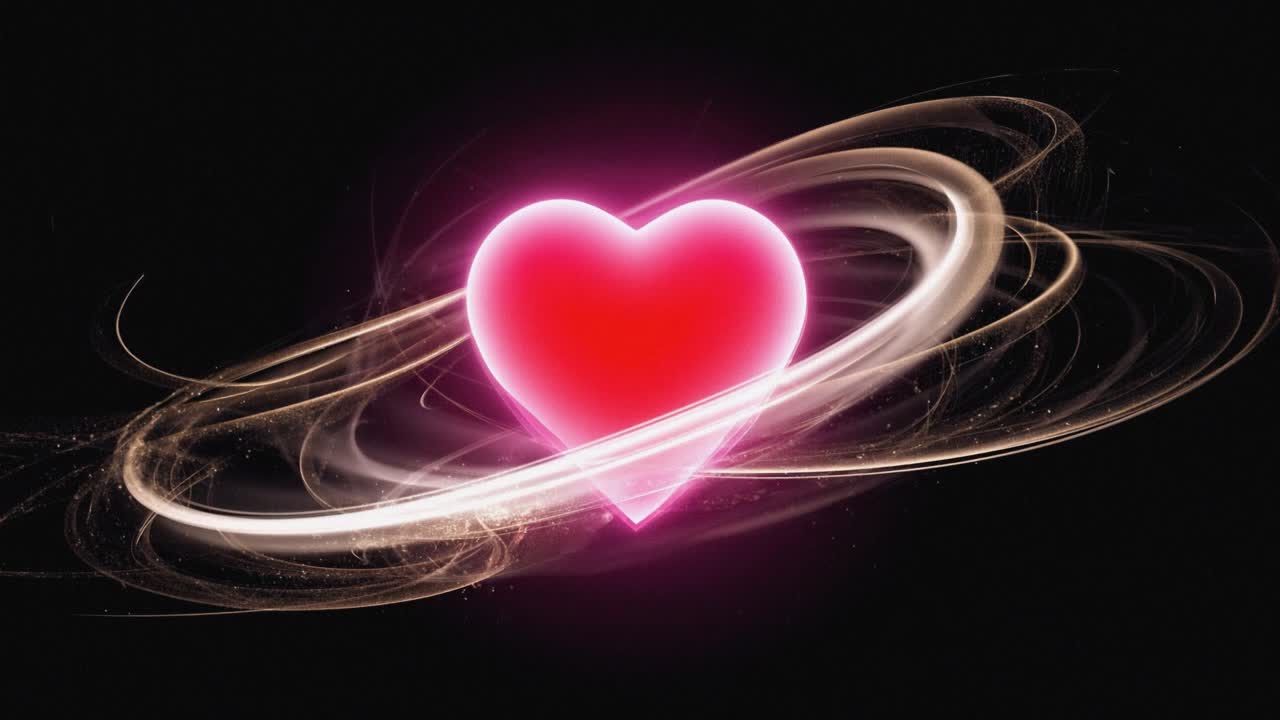 A vibrant heart appears at the center, surrounded by dynamic swirling energies and glowing light. This captivating display showcases the heart rotating in a cosmic-like environment, with radiant colors and intricate patterns enhancing its beauty. The animation creates a sense of depth and movement, 