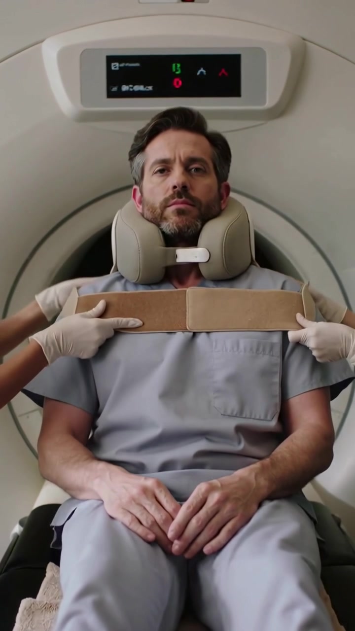 Video verticale: Posizionamento del paziente in camice, tecnici che applicano collare cervicale e fascia toracica nella sala TC