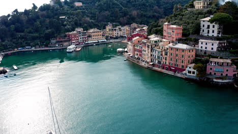 aerial approach toward scenic seaside resort of portofino on ligurian coastline