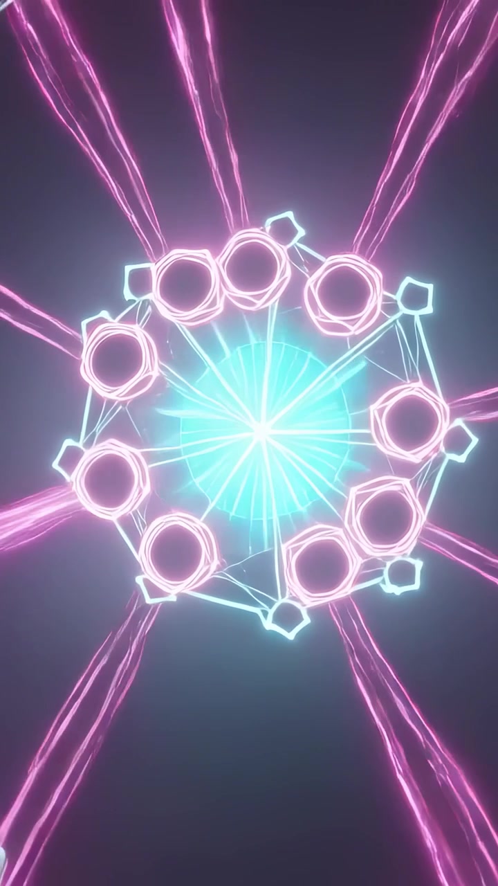 Video vertical: Orbe cian pulsante con forma de concha atrayendo discos magenta desde la derecha en el vacío, formando un anillo de nodos.