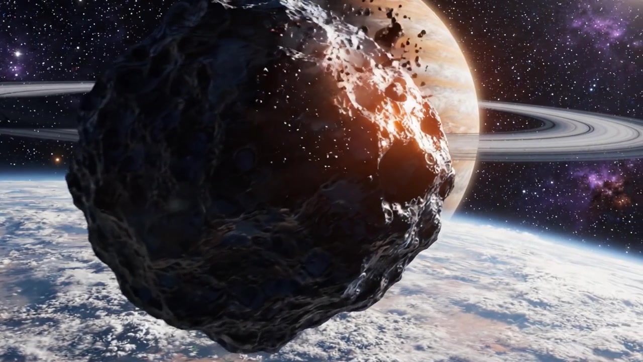 Una scena ipnotizzante che mostra un pianeta distante con i suoi anelli maestosi, un asteroide vicino e una vista mozzafiato di un mondo coperto di nuvole nella vastità dello spazio