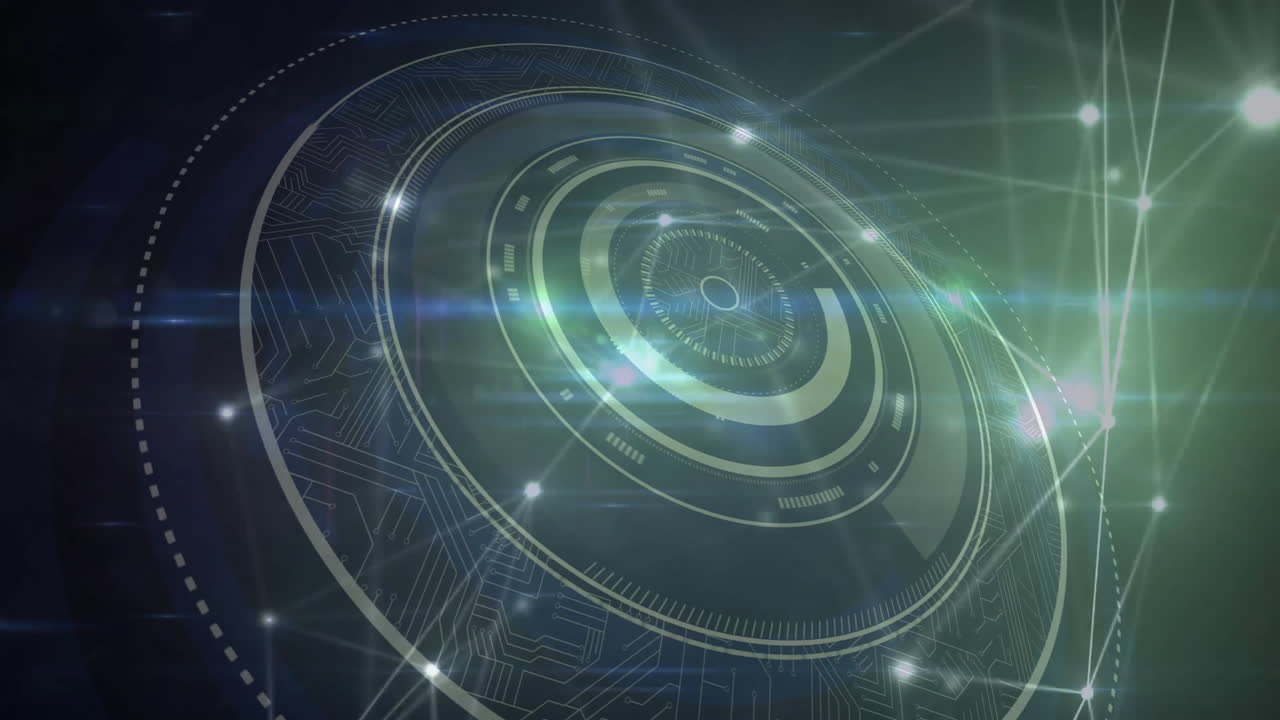 Futuristic digital interface with rotating elements and glowing lights animation