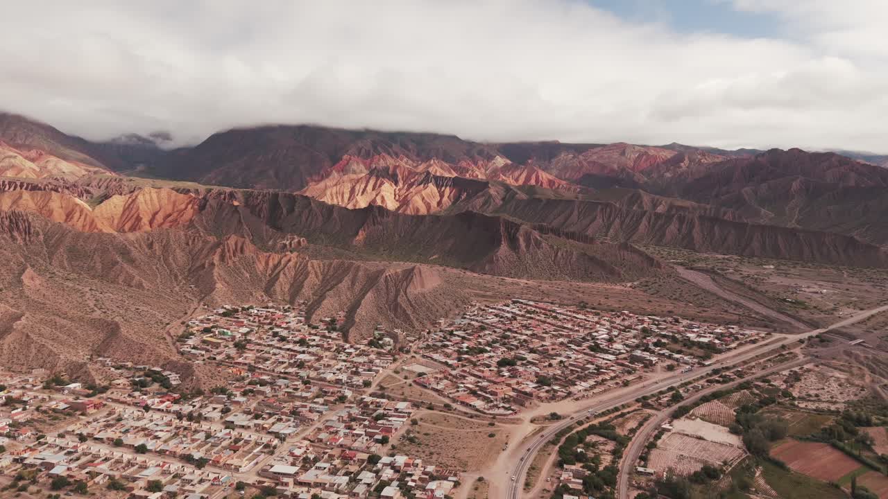 Aerial View of Purmamarca Village and Colorful Mountains in Argentina
