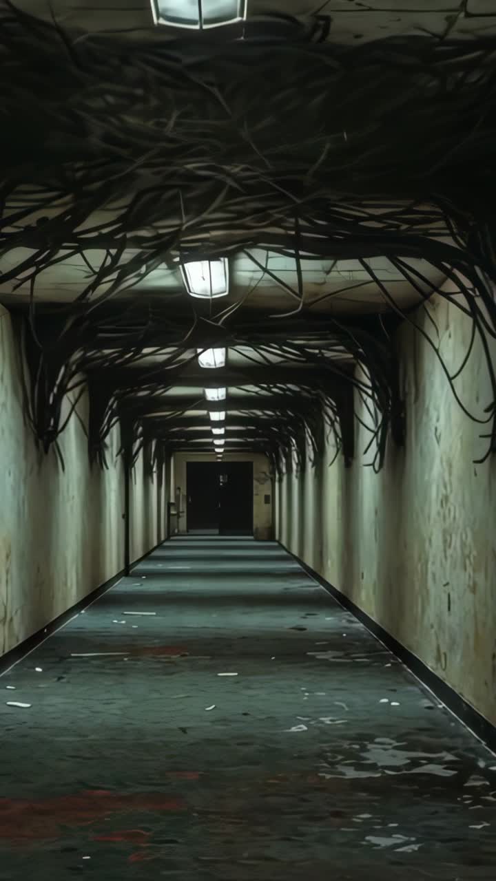 Vertical video: At sequence start, camera moving, tilting up in corridor, revealing hanging cables