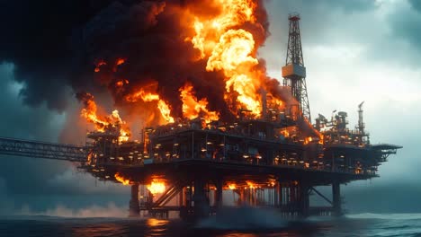 an oil rig on fire in the middle of the ocean