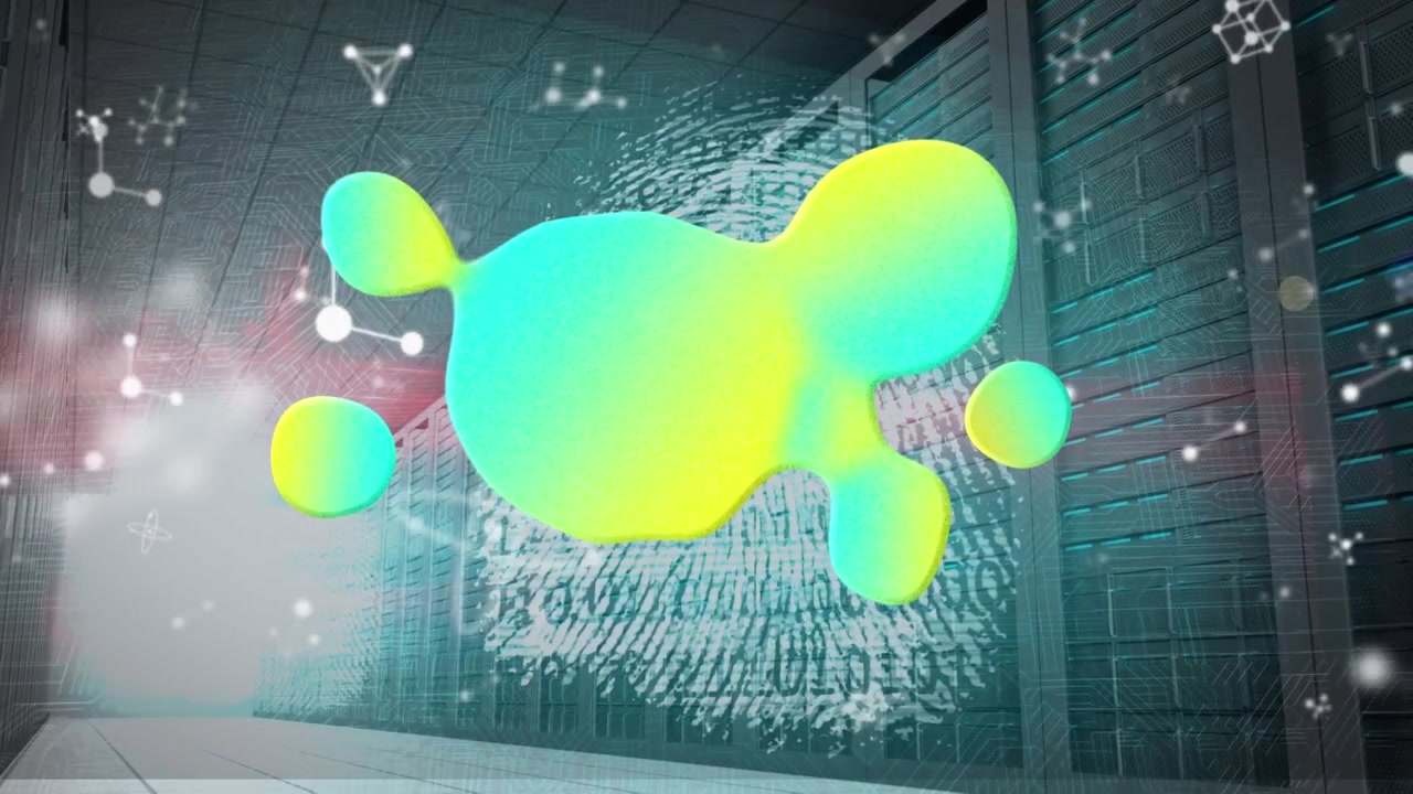 Animation grüner Punkte und Moleküle über einem Serverraum